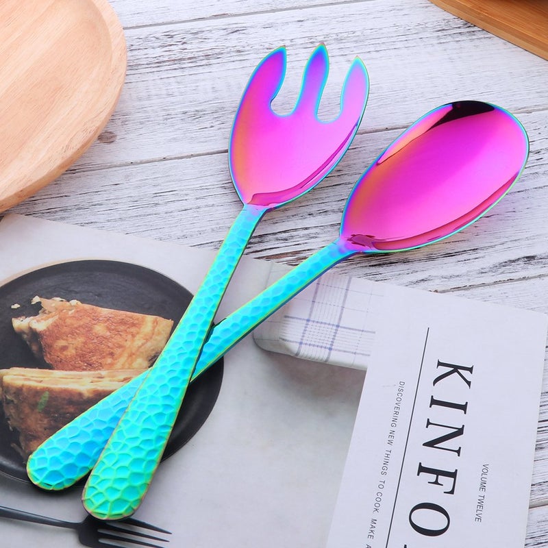Bisda Salad Spoon and Fork Set, 12 Inch Stainless Steel Rainbow Salad Server, Large Serving Utensils, Pack of 2 - Image 3